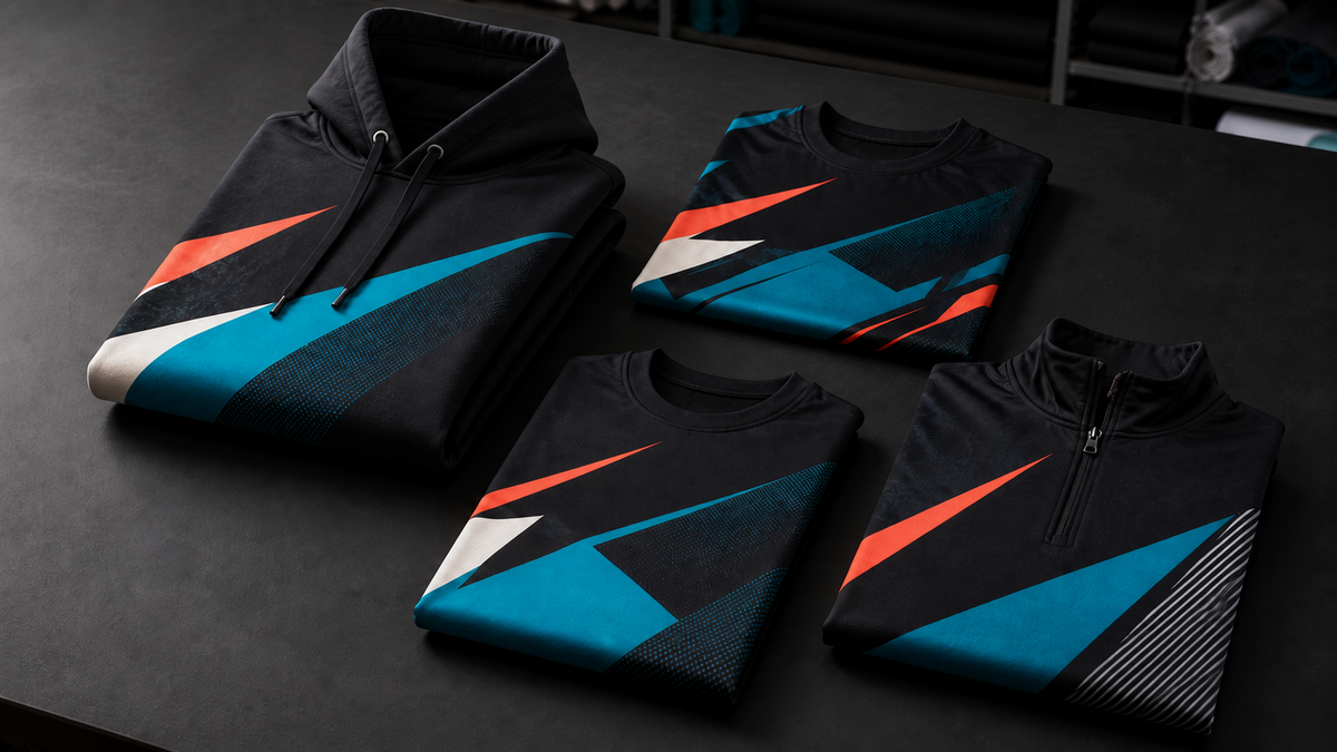 Coordinated custom hoodies, shirts, and quarter-zip apparel in a production workspace.