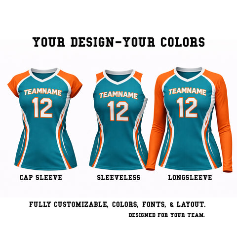 Custom women's volleyball jerseys in cap sleeve, sleeveless and long sleeve
