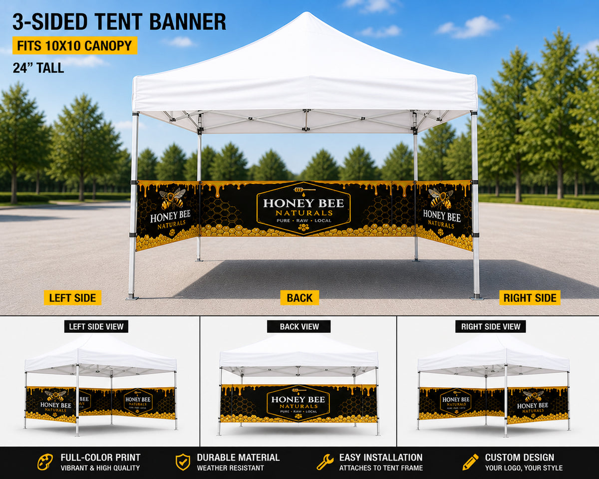 Three-sided canopy banner on a honey vendor's 10x10 booth