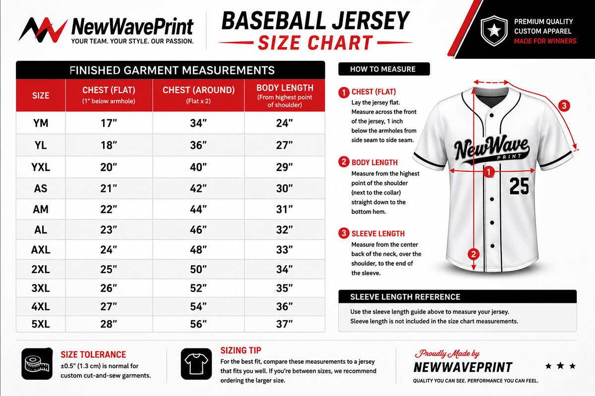 Button-up baseball jersey size chart for youth and adult sizes