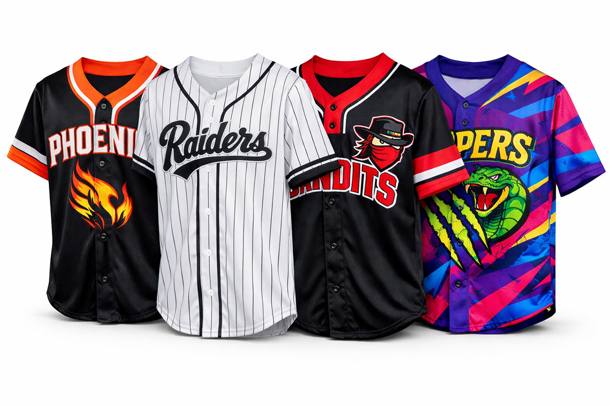 Custom sublimated button-up baseball jerseys in team designs