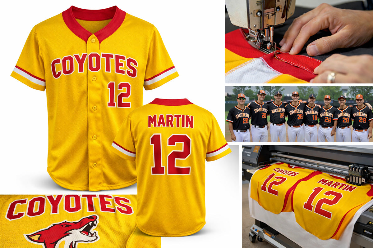 Coyote custom button-up baseball jersey, front, back and fabric detail