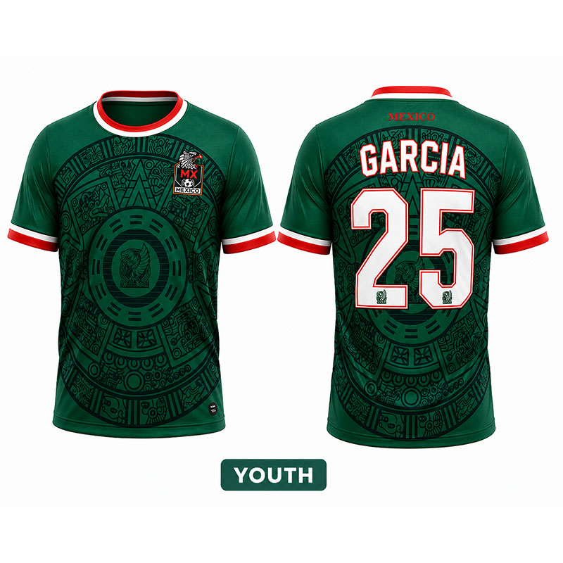 Custom Mexico youth soccer jersey with player name and number