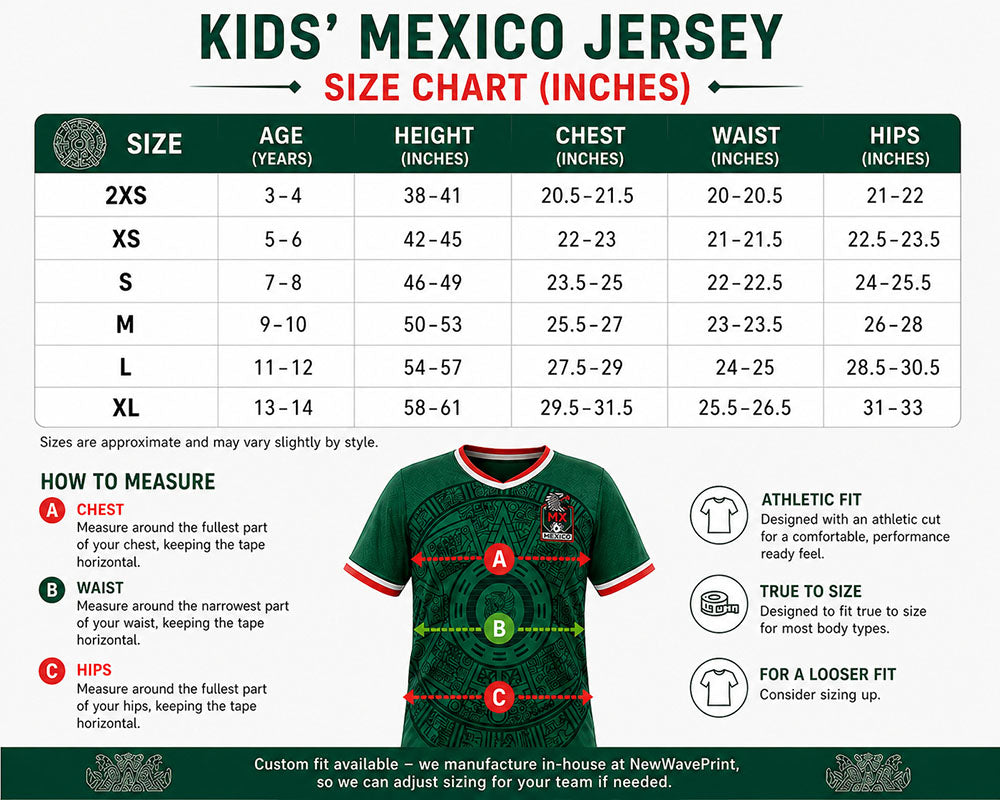 Mexico youth soccer jersey size chart
