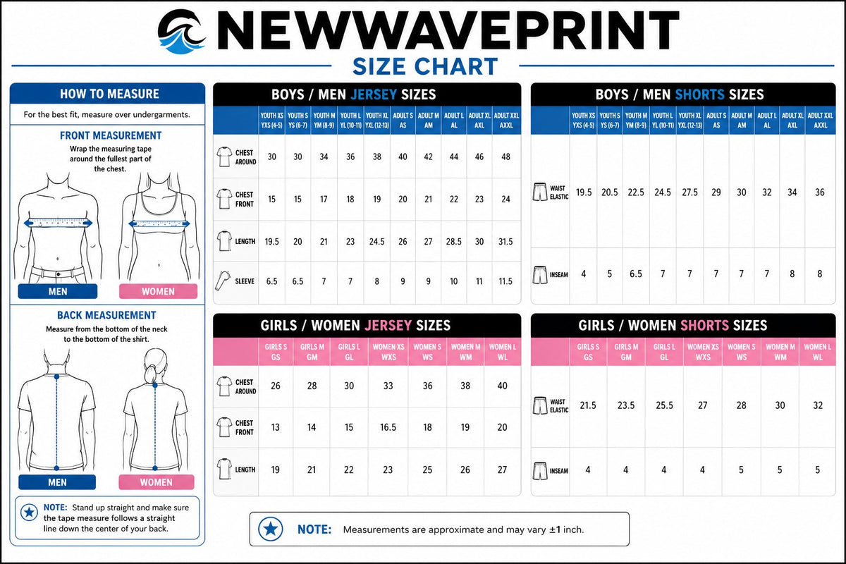 New Wave Print soccer jersey size chart for youth and adult sizes