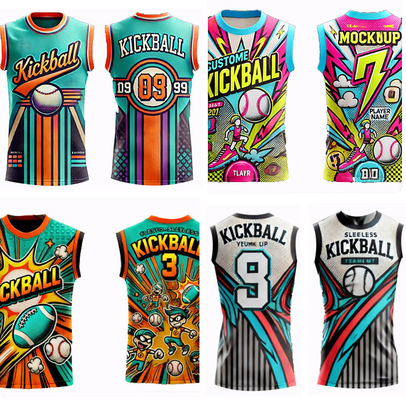 Custom sleeveless kickball jerseys in a range of team designs