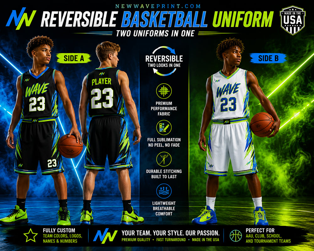 Custom reversible basketball uniform set with team logo and player number