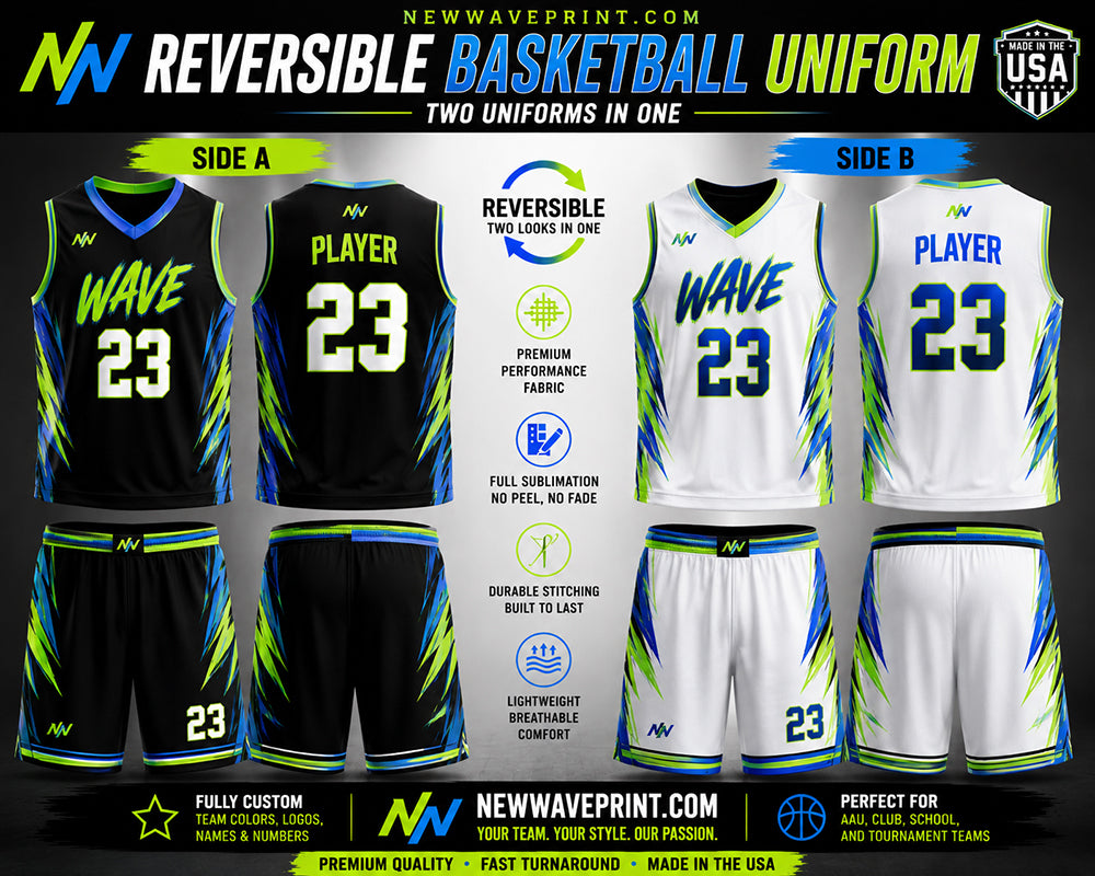 Custom reversible basketball uniform, jersey and shorts in team colors
