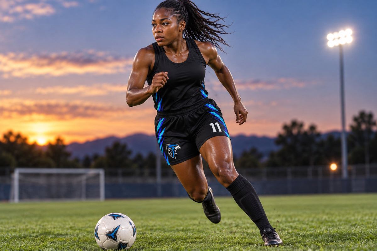 Soccer player accelerating into attack on a dusk field wearing black custom sublimated athletic shorts with number 11.