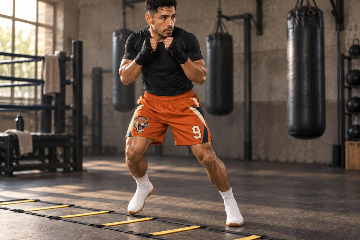 Boxer moving laterally through an agility ladder in a training gym wearing burnt orange custom sublimated athletic shorts with number 9.