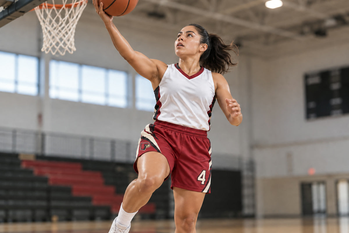 Basketball player rising for a one-handed layup in an indoor gym wearing cardinal red custom sublimated athletic shorts with number 4.