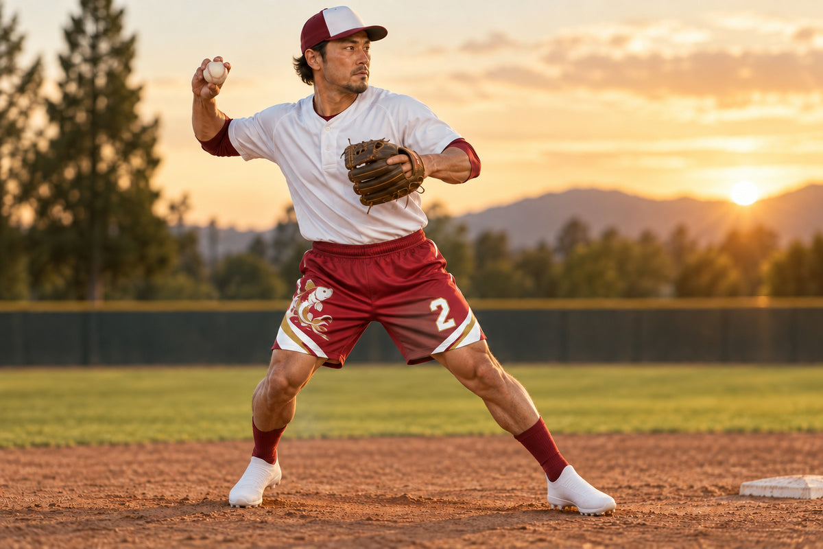 Baseball shortstop planting to throw on a golden-hour infield wearing cardinal red custom sublimated athletic shorts with number 2.