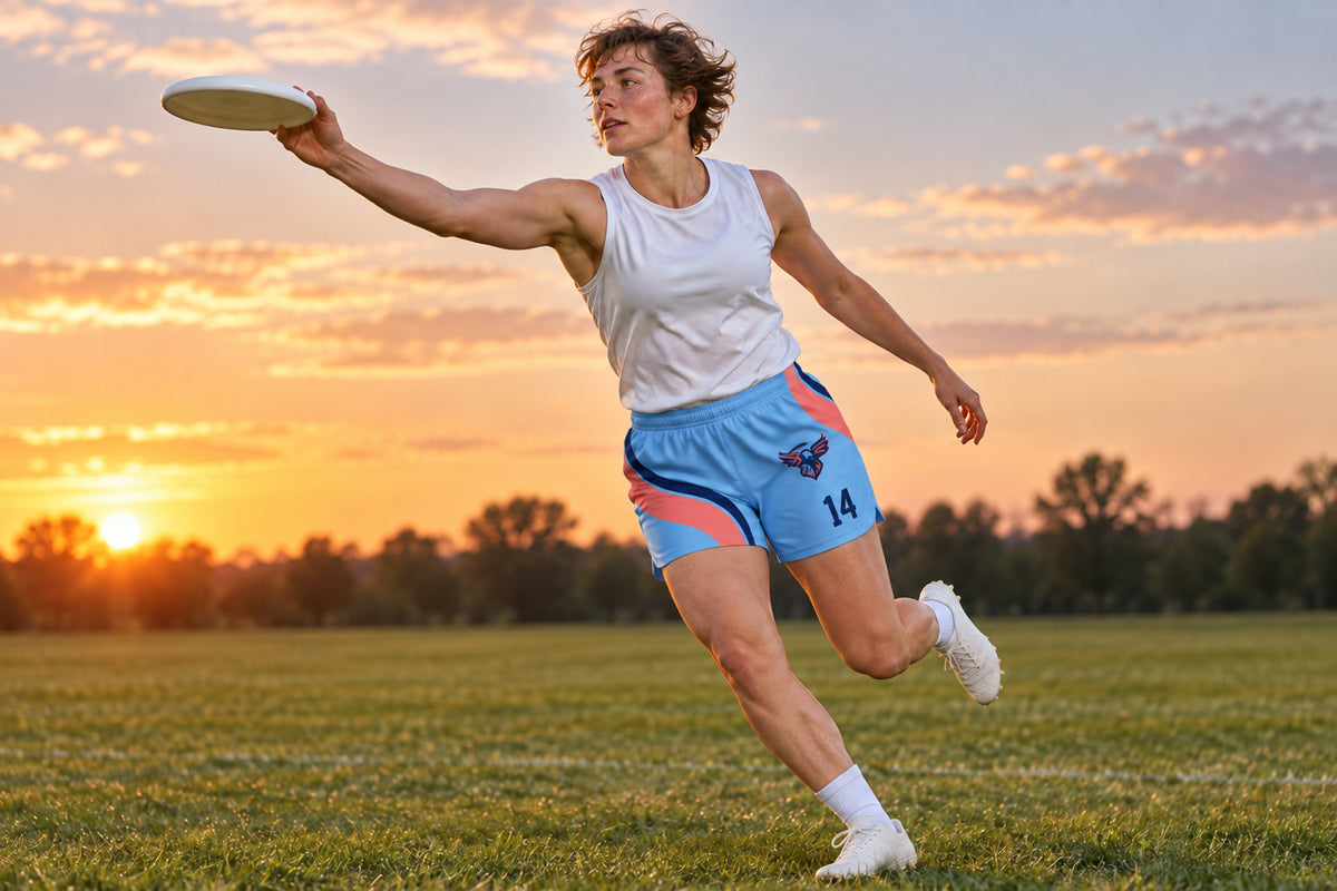 Ultimate player making a one-handed running catch at sunset wearing carolina blue custom sublimated athletic shorts with number 14.