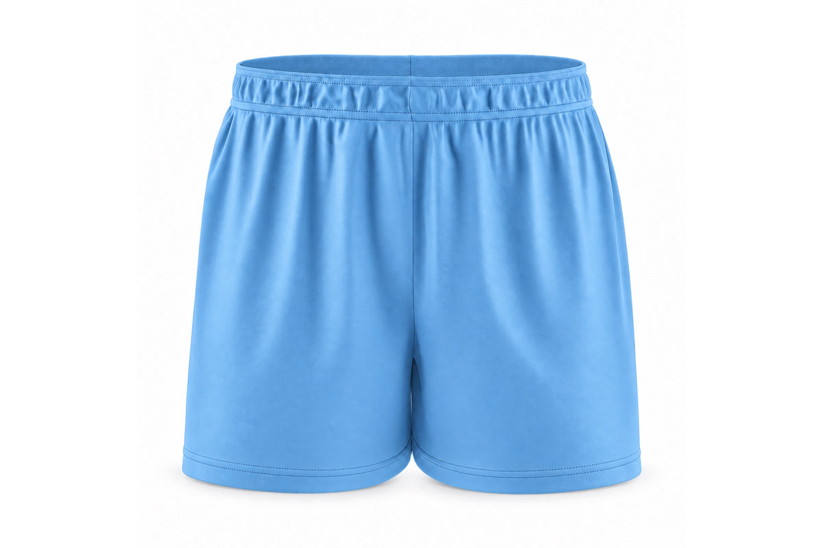 Front view of blank carolina blue custom sublimated athletic shorts with elastic waistband and stitched hems on a white background.