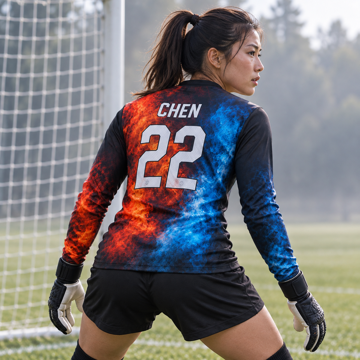 Inferno Frost custom goalkeeper jersey worn by female goalkeeper in ready stance, back view, CHEN 22