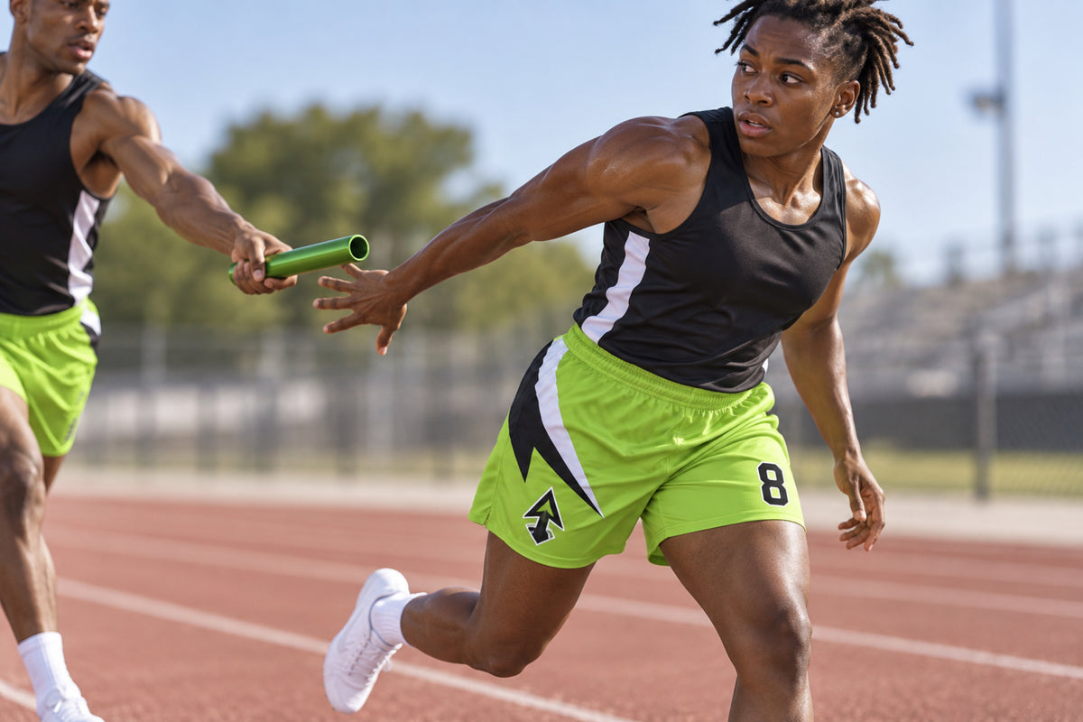 Relay sprinter receiving a baton in an outdoor exchange zone wearing lime green custom sublimated athletic shorts with number 8.