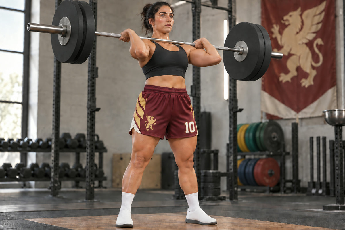 Weightlifter standing tall at the clean catch on a training platform wearing maroon custom sublimated athletic shorts with number 10.