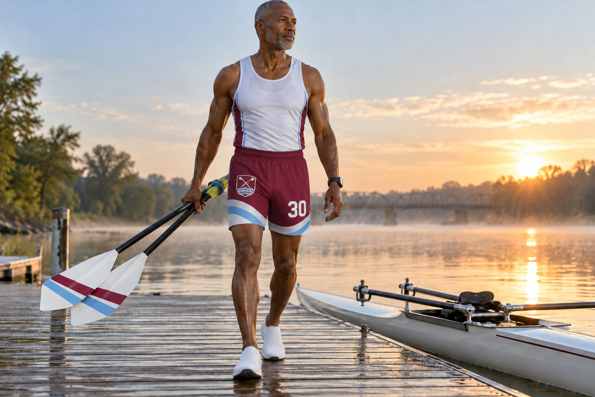 Masters rower carrying oars toward a single scull at sunrise wearing maroon custom sublimated athletic shorts with number 30.