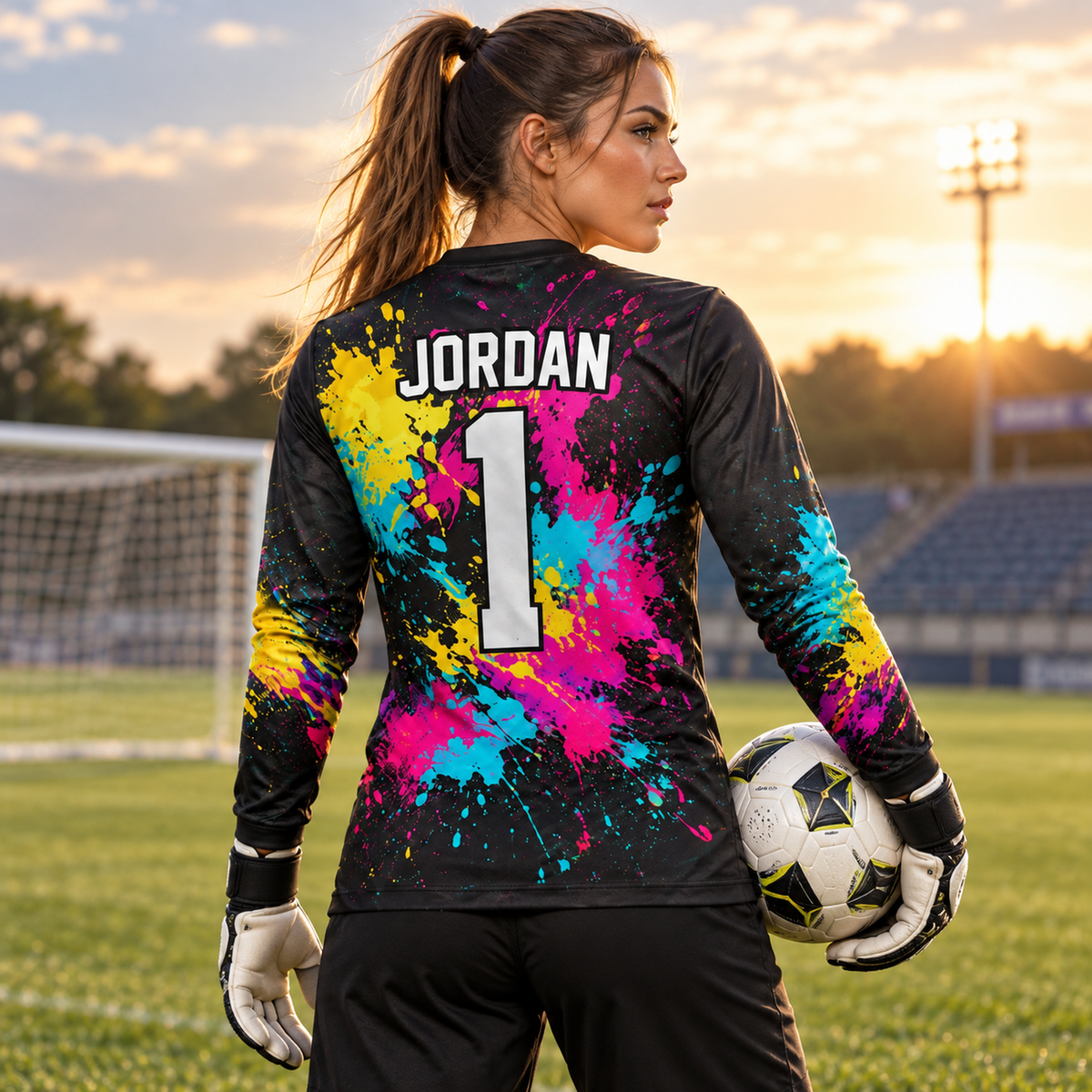 Neon Chaos custom goalkeeper jersey worn by female goalkeeper, back view, JORDAN 1