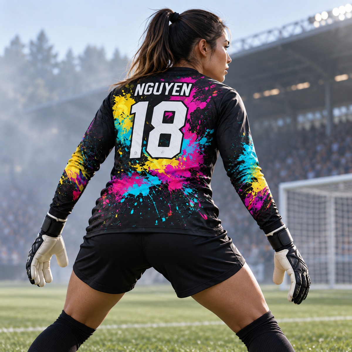 Neon Chaos custom goalkeeper jersey worn by female goalkeeper in ready stance, back view, NGUYEN 18