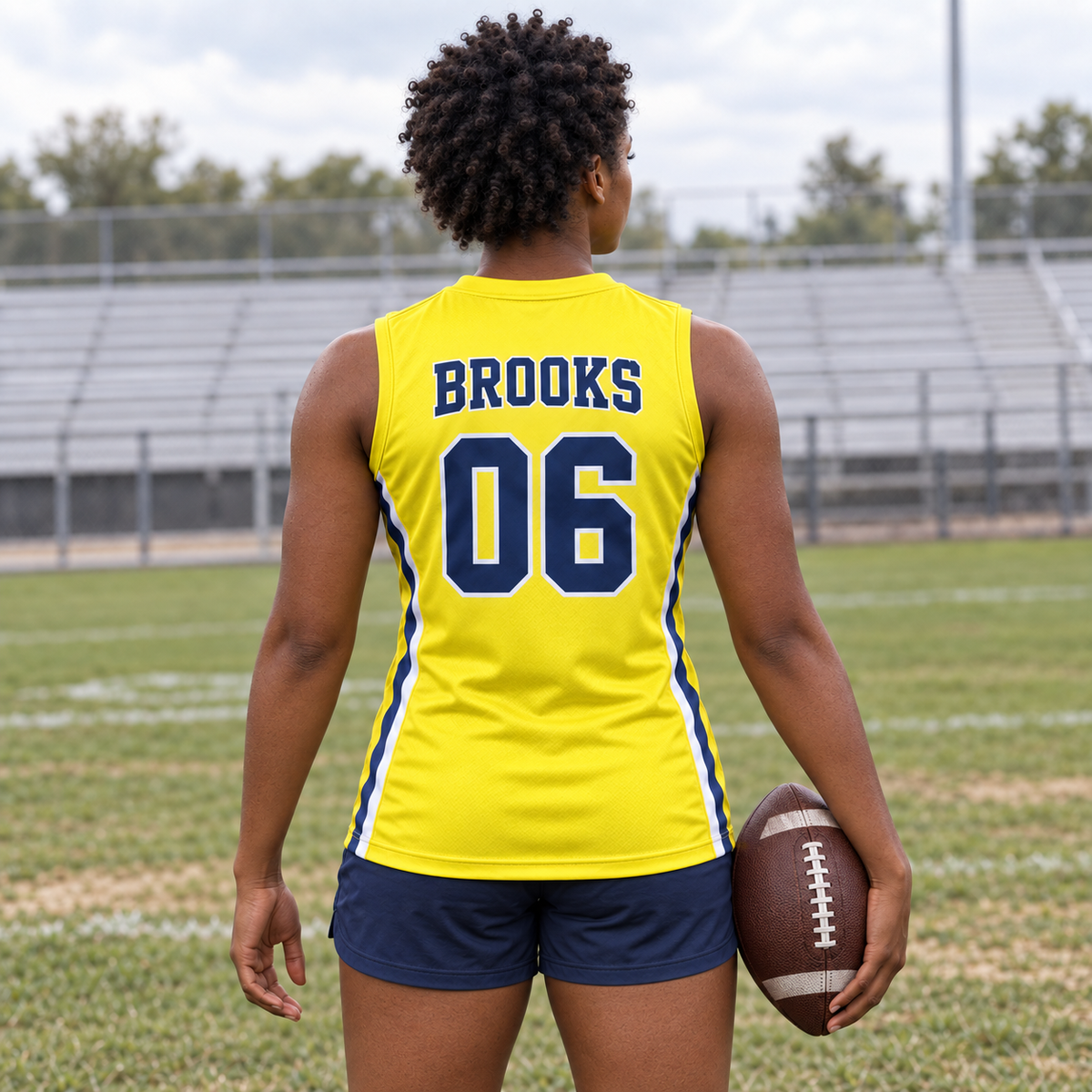 Bright Yellow custom 7-on-7 football jersey on a woman, back campaign view with BROOKS and number 06; AI-generated customization example