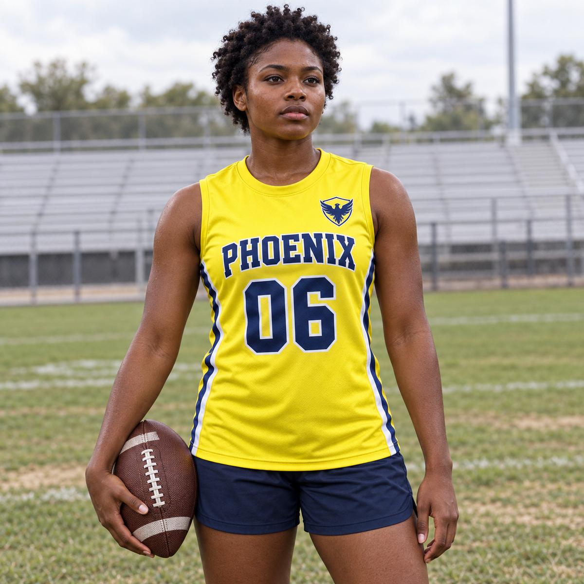 Bright Yellow custom 7-on-7 football jersey on a woman, front campaign view with crest and number 06; AI-generated customization example