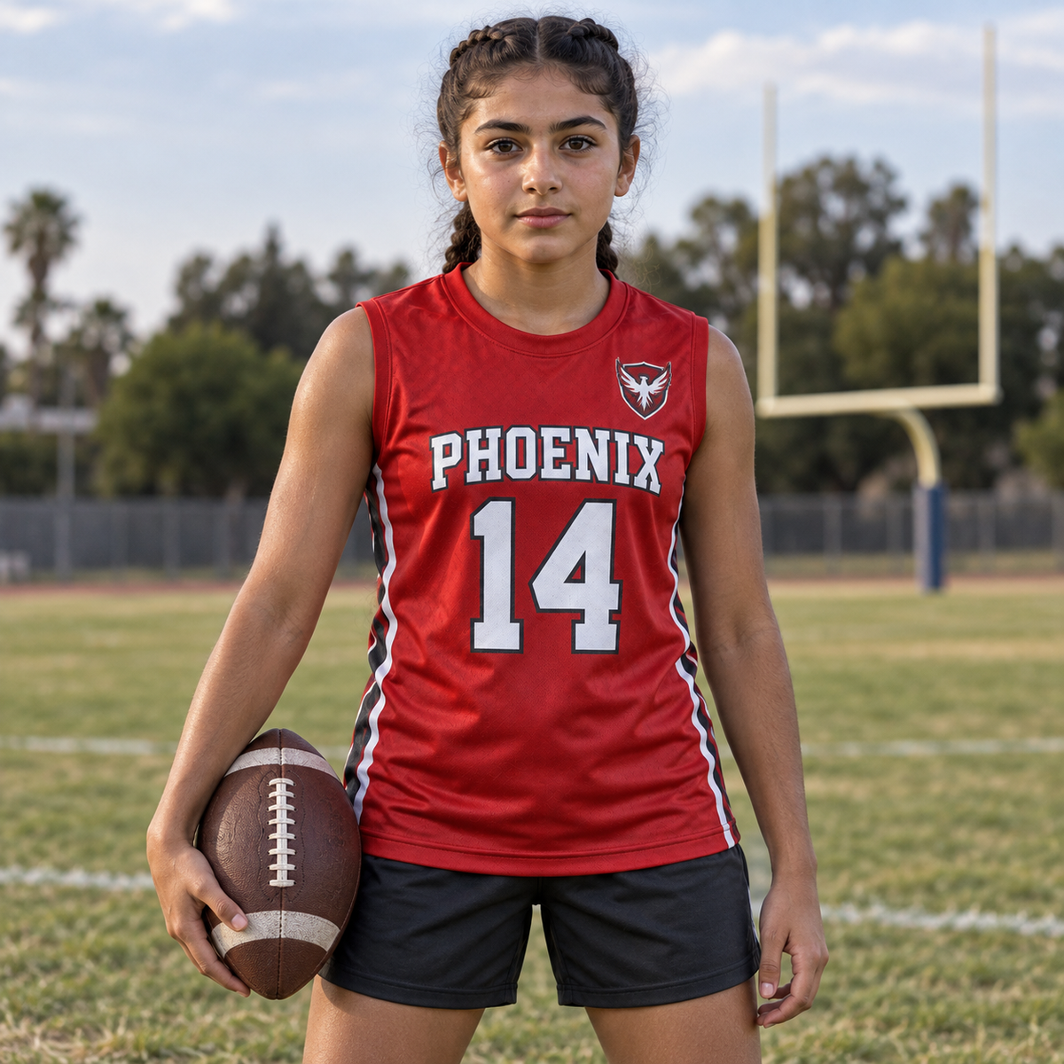 Cardinal Red custom 7-on-7 football jersey on a girl, front campaign view with crest and number 14; AI-generated customization example