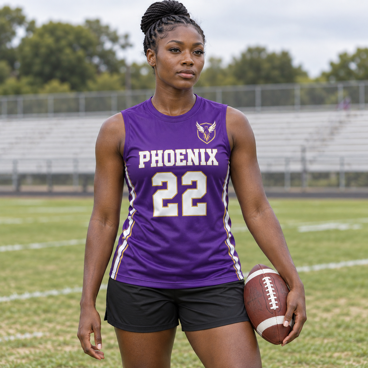 Deep Purple custom 7-on-7 football jersey on a woman, front campaign view with crest and number 22; AI-generated customization example