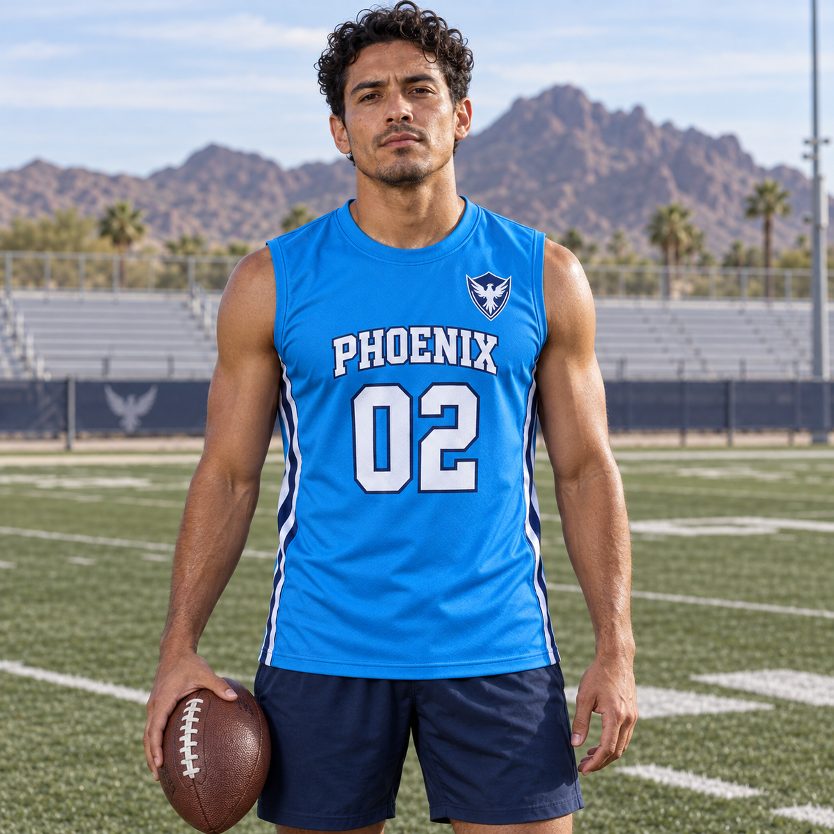 Electric Blue custom 7-on-7 football jersey on a man, front campaign view with crest and number 02; AI-generated customization example