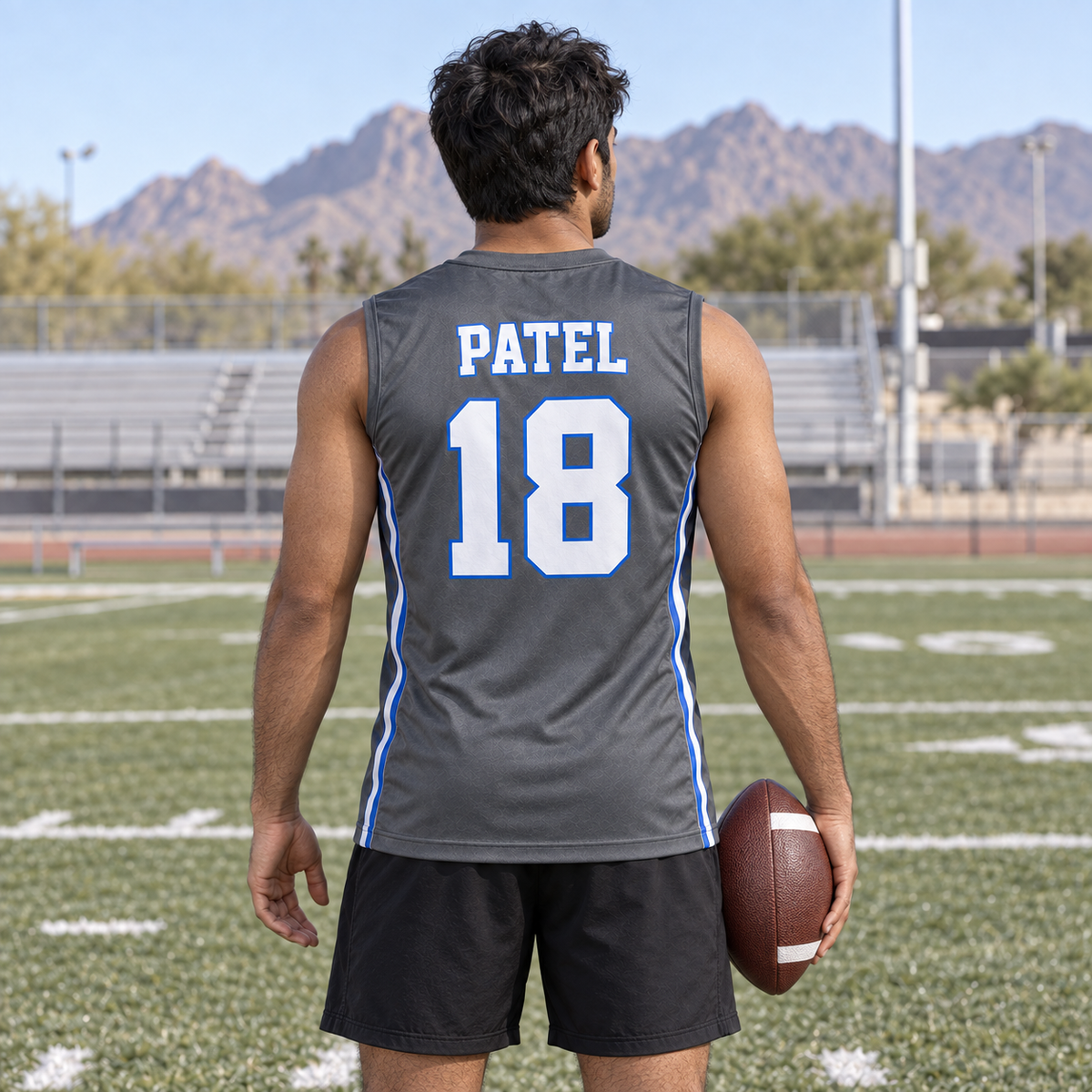 Graphite custom 7-on-7 football jersey on a man, back campaign view with PATEL and number 18; AI-generated customization example