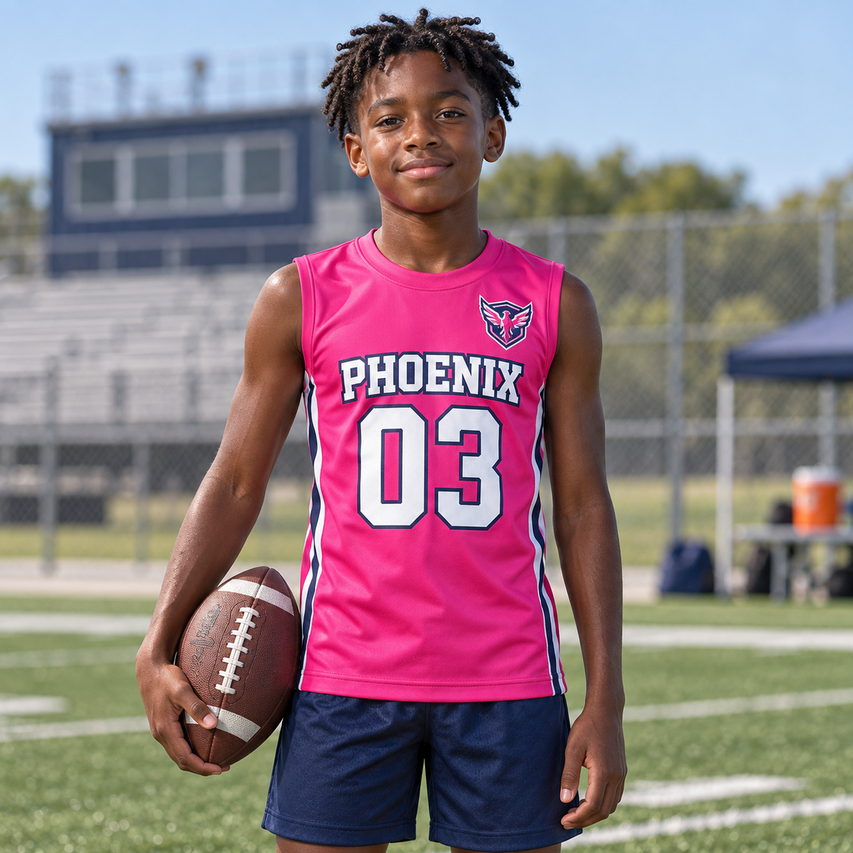 Hot Pink custom 7-on-7 football jersey on a boy, front campaign view with crest and number 03; AI-generated customization example