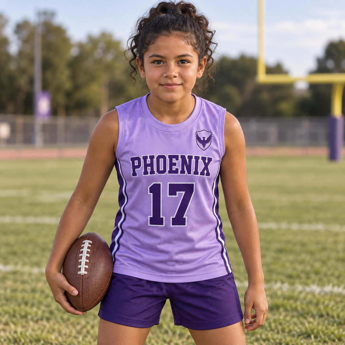 Lavender custom 7-on-7 football jersey on a girl, front campaign view with crest and number 17; AI-generated customization example