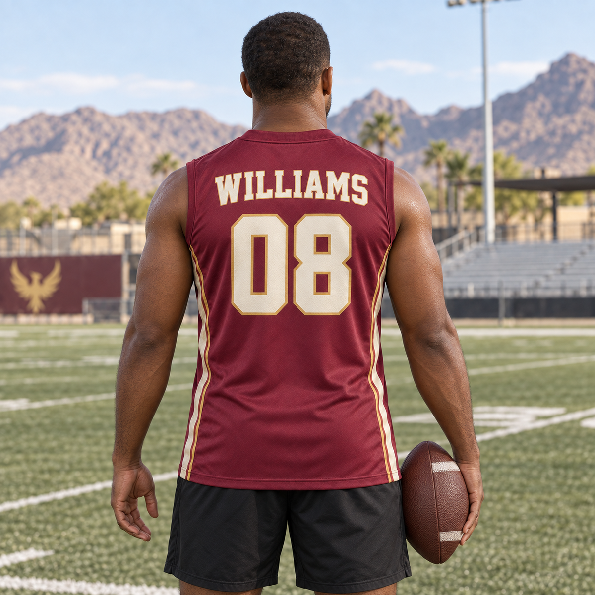 Maroon custom 7-on-7 football jersey on a man, back campaign view with WILLIAMS and number 08; AI-generated customization example