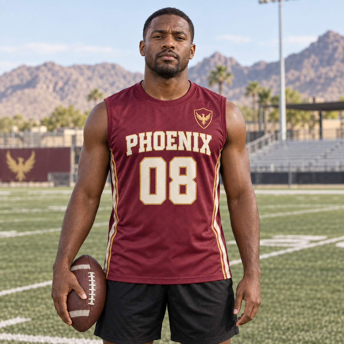 Maroon custom 7-on-7 football jersey on a man, front campaign view with crest and number 08; AI-generated customization example