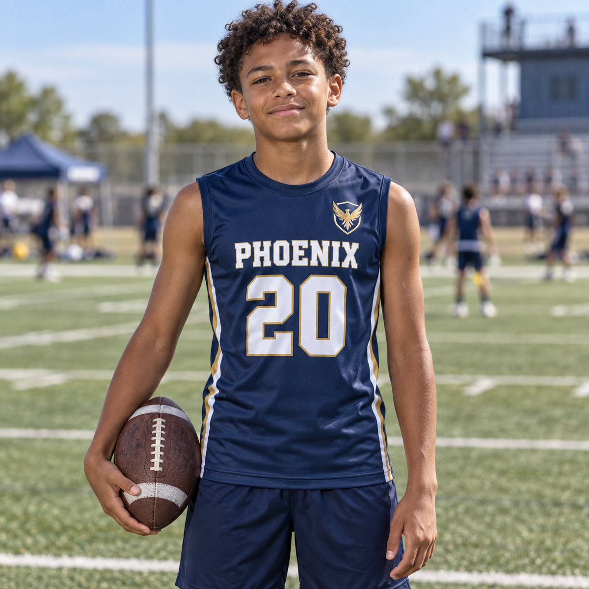 Navy custom 7-on-7 football jersey on a boy, front campaign view with crest and number 20; AI-generated customization example