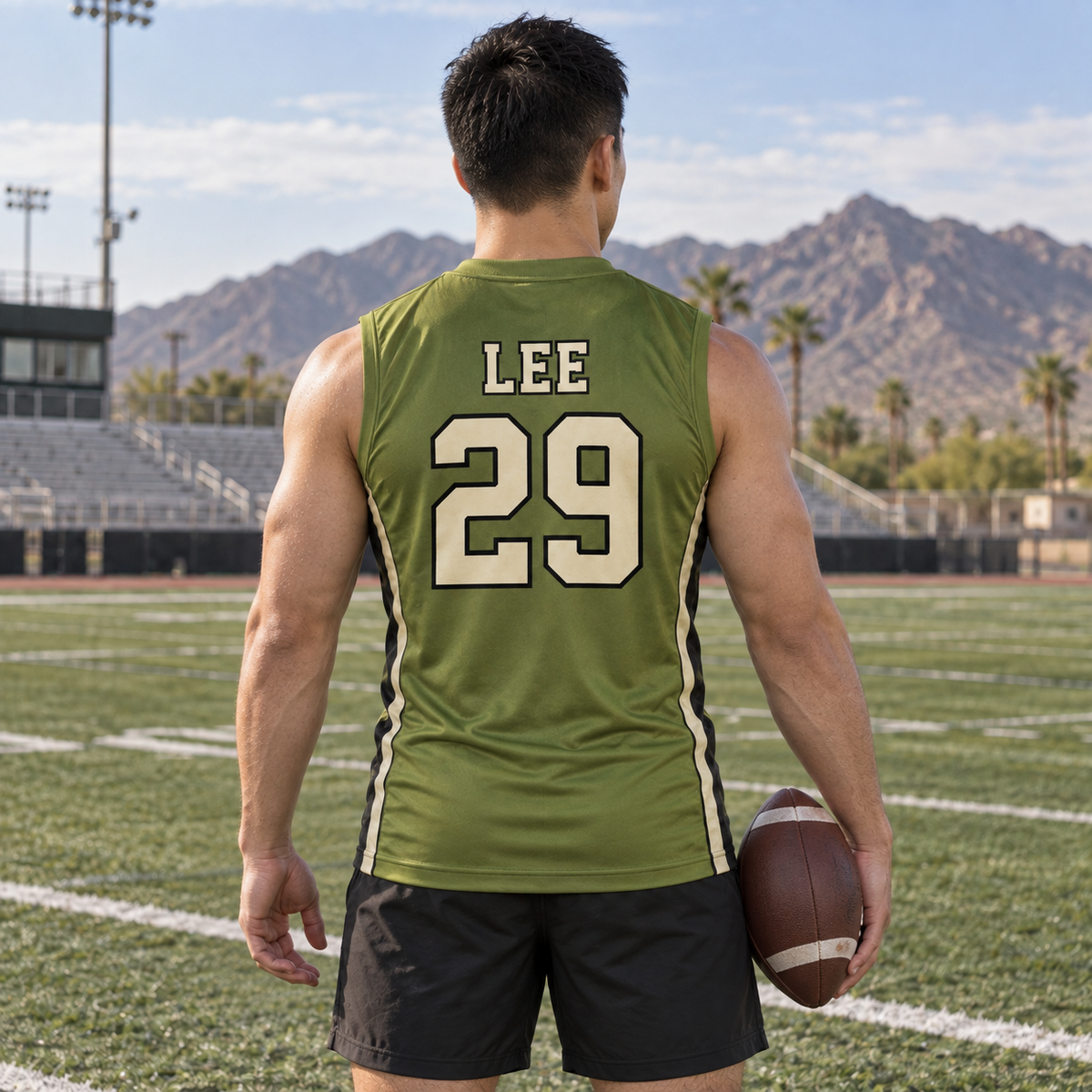 Olive Green custom 7-on-7 football jersey on a man, back campaign view with LEE and number 29; AI-generated customization example