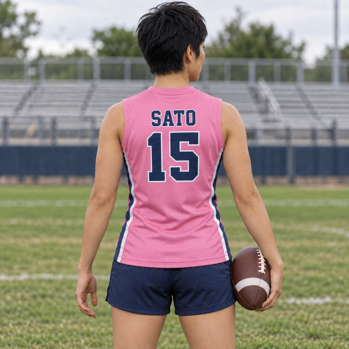 Pink custom 7-on-7 football jersey on a woman, back campaign view with SATO and number 15; AI-generated customization example