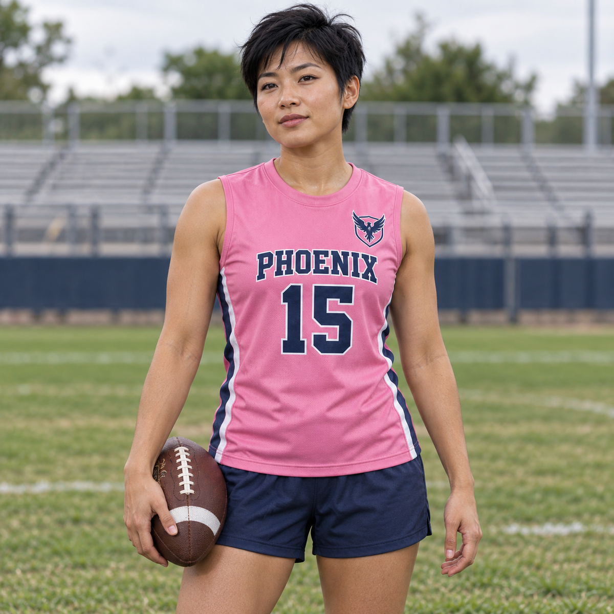 Pink custom 7-on-7 football jersey on a woman, front campaign view with crest and number 15; AI-generated customization example