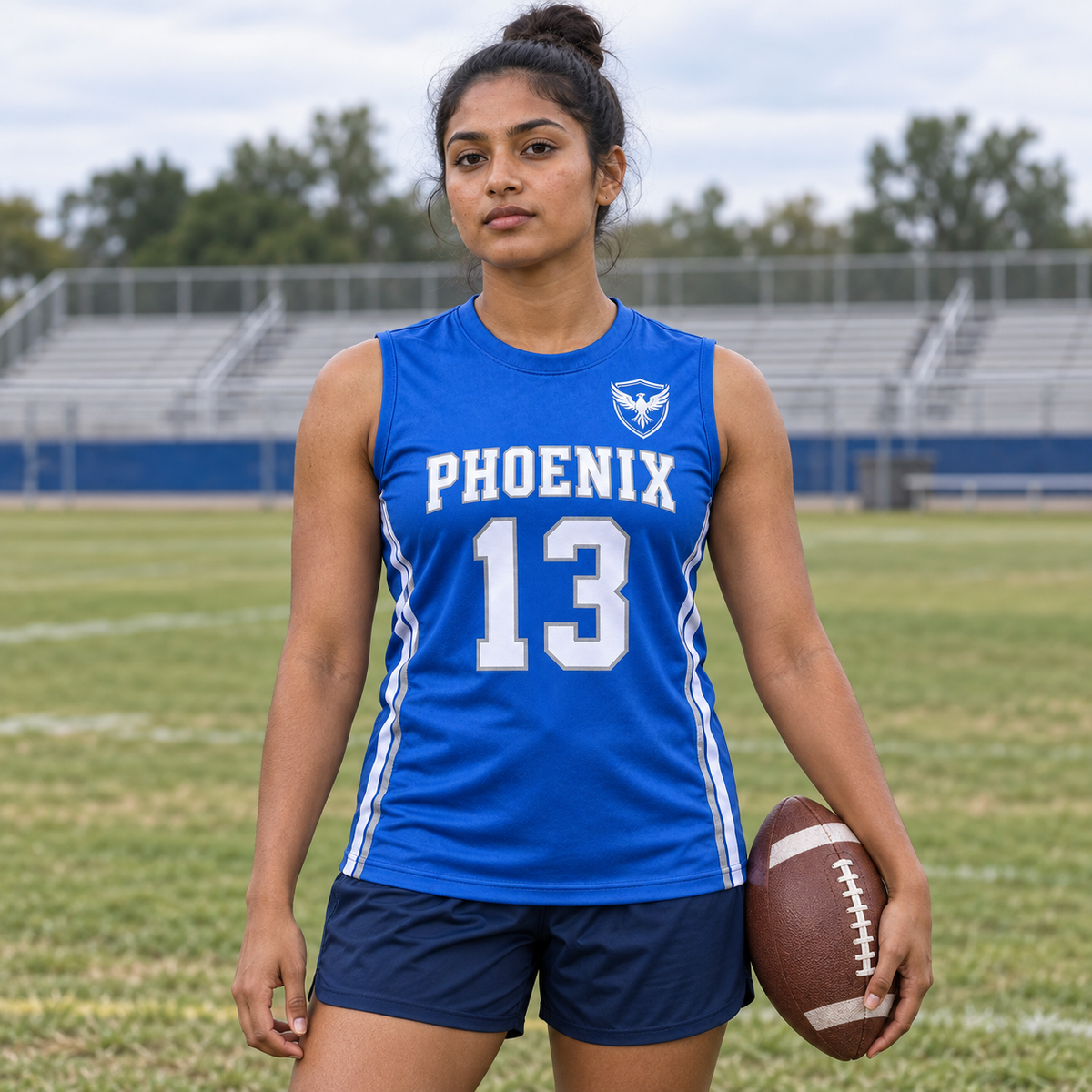 Royal Blue custom 7-on-7 football jersey on a woman, front campaign view with crest and number 13; AI-generated customization example