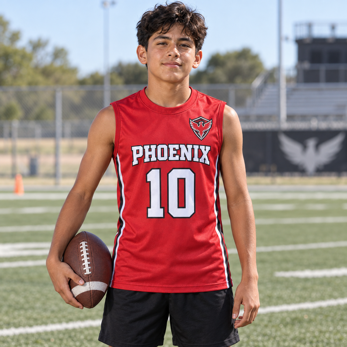 Scarlet Red custom 7-on-7 football jersey on a boy, front campaign view with crest and number 10; AI-generated customization example