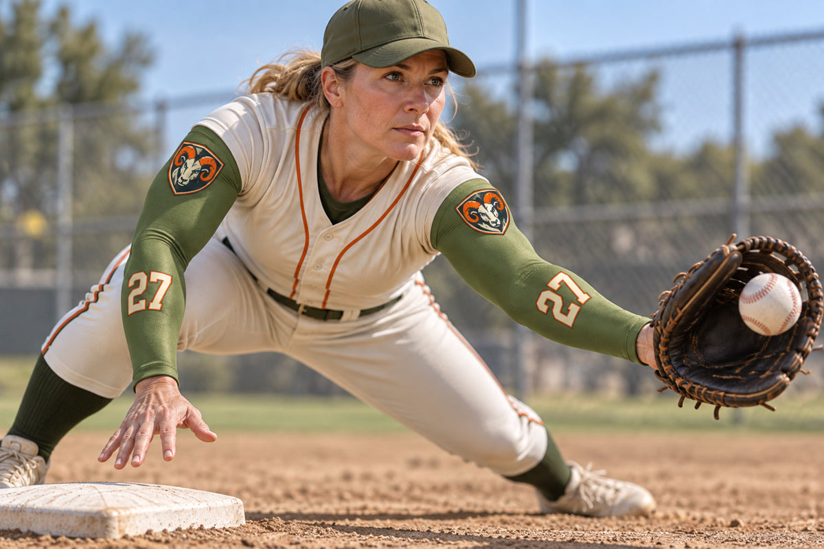 First baseman stretching for a catch in Army Green custom arm sleeves with a ram crest and number 27