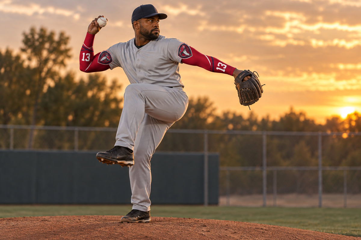 Baseball pitcher in a leg kick before the delivery in Cardinal Red custom arm sleeves with a cobra crest and number 13