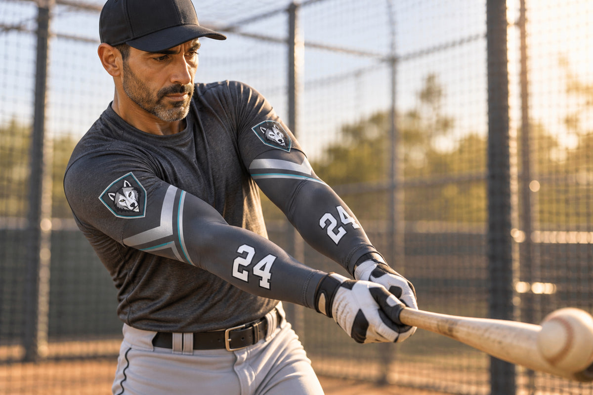 Baseball batter making contact in Charcoal custom arm sleeves with a wolf crest and number 24