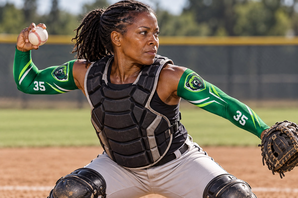 Baseball catcher making a throw in Forest Green custom arm sleeves with a bear crest and number 35