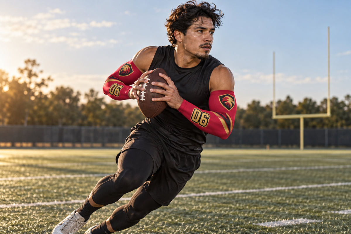 Football receiver turning upfield after a catch in Red custom arm sleeves with a hawk crest and number 06
