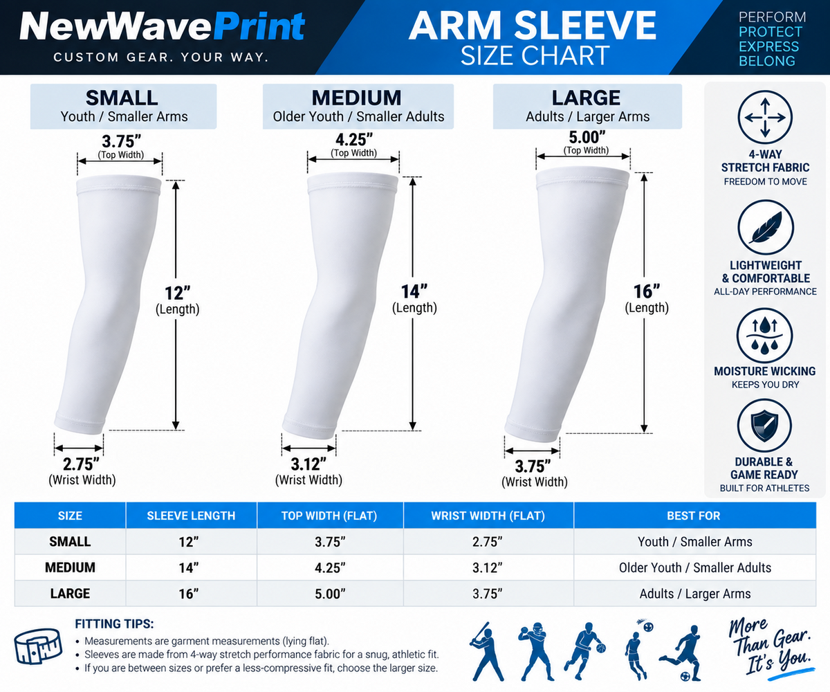 Custom arm sleeve size chart with flat measurements: Small 12 in long, 3.75 in top, 2.75 in wrist; Medium 14 in long, 4.25 in top, 3.12 in wrist; Large 16 in long, 5.00 in top, 3.75 in wrist