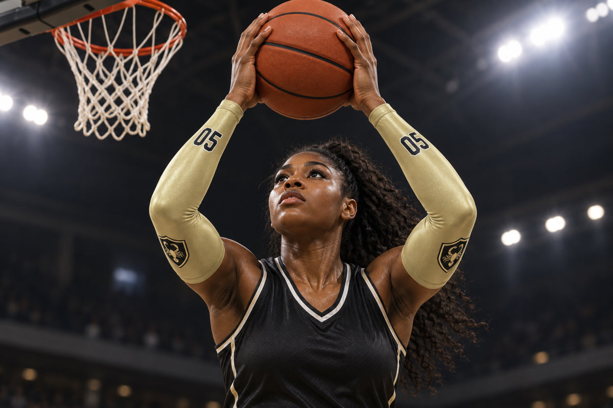 Basketball player reaching for a rebound in Vegas Gold custom arm sleeves with a scorpion crest and number 05