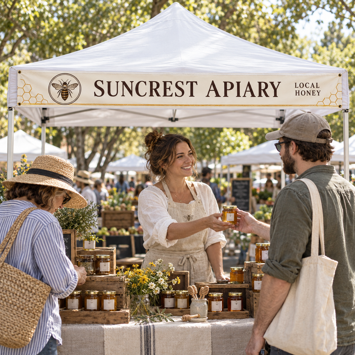 AI-generated campaign concept: Suncrest Apiary cream and amber top banner at an outdoor honey market, with naturally styled adult shoppers.