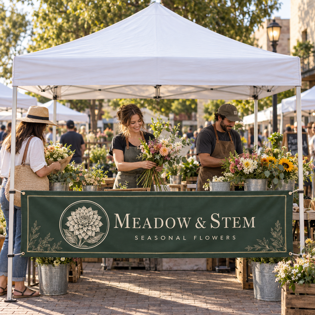 AI-generated campaign concept: Meadow & Stem forest-green side banner between canopy legs at a floral street fair.