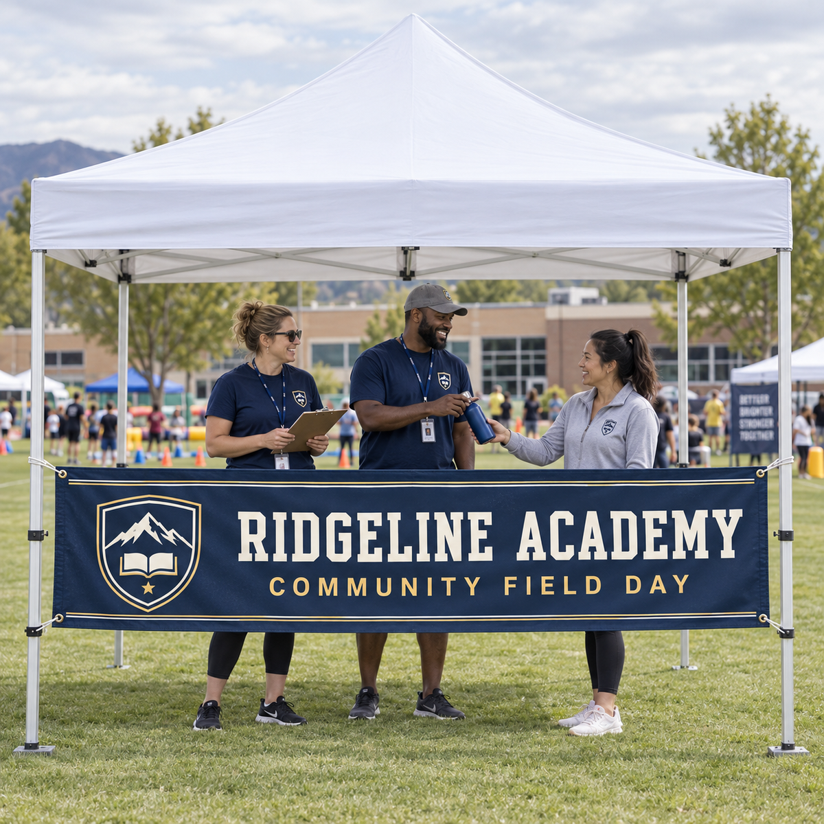 AI-generated campaign concept: Ridgeline Academy navy and gold side banner between canopy legs at a school field day with adult volunteers.